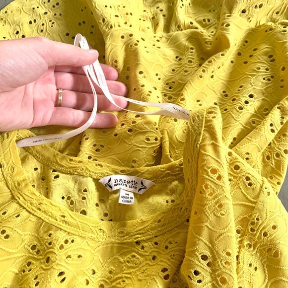 Nanette Lepore Yellow Floral Eyelet Peplum Blouse Size Medium - Picture 8 of 8